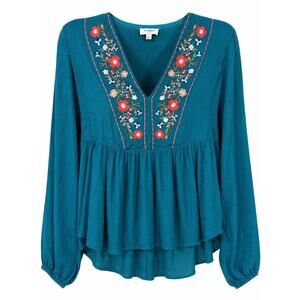 Umgee Peacock Teal Embroidered Floral V-Neck Boho Peasant Babydoll Blouse Small